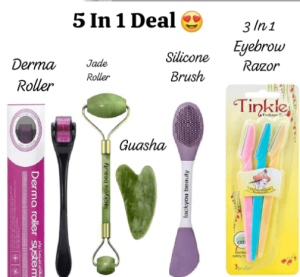 5 in 1 Deal Derma Roller, Jade Roller, Gua Sha, Silicon Brush 4 in 1, Eyebrow Razer 3 in 1