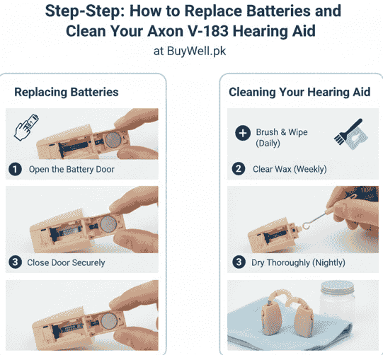 how to clean and change battery of axon v 183 hearing aid